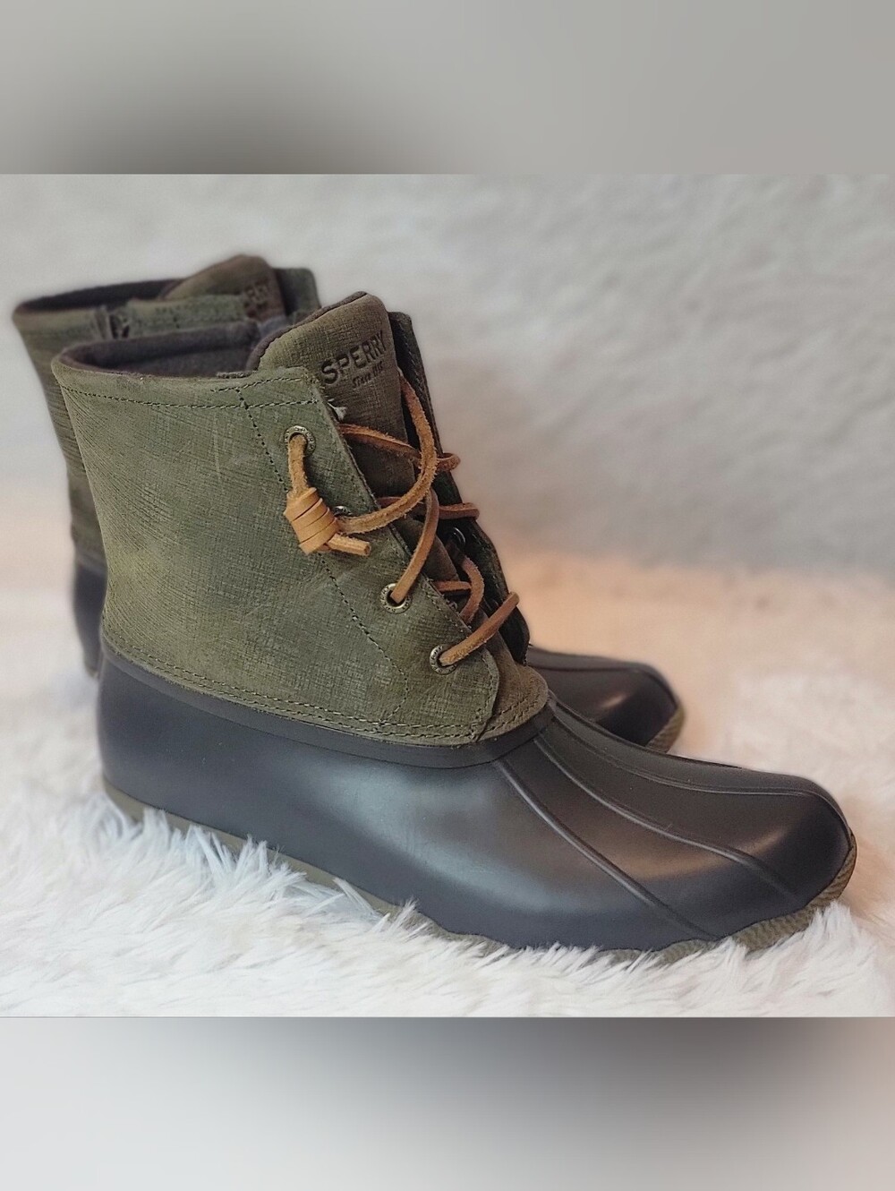 Sperry Olive Canvas Brown Rubber Lace-Up Waterproof Duck Boots. Sz 9.5. STS99729